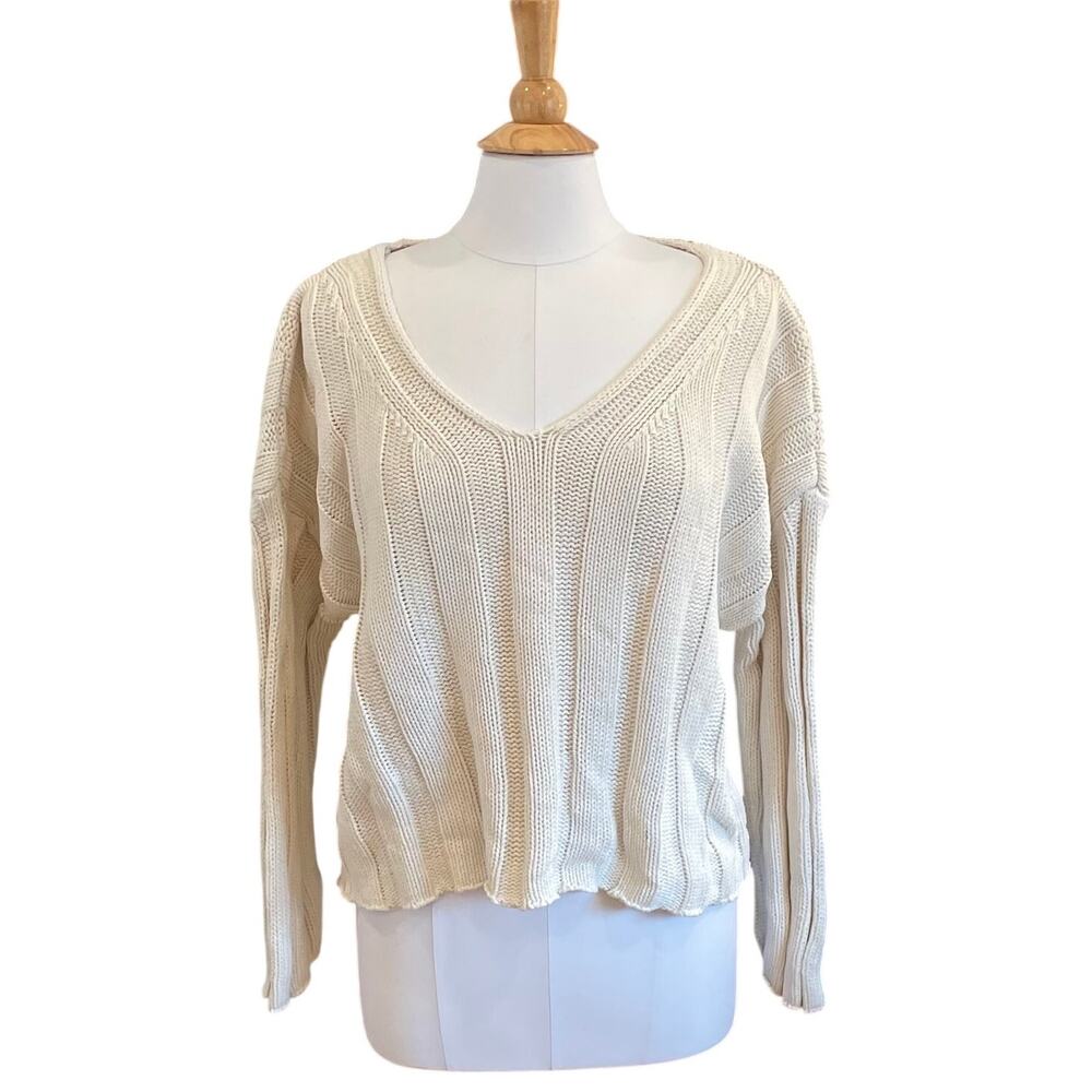 Grade & Gather Cream Chunky Ribbed Knit Long Sleeve V-Neck Sweater Minimalist L